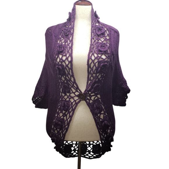 Vintage R&J Couture Boho Crochet Cardigan Sweater M Purple Floral Artisan Knit - Picture 1 of 10